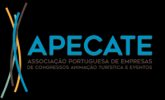 APECATE logo with abstract lines and Portuguese text on black background.